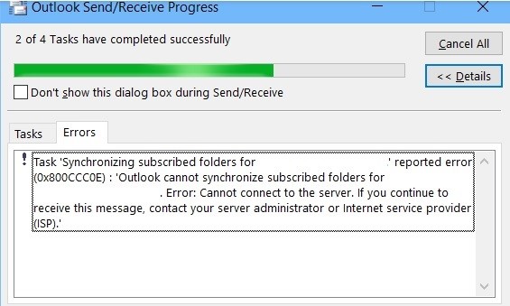 IMAP error 0x800CCC0E - Synchronization