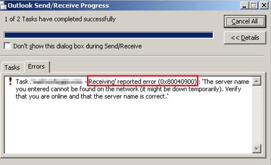 Outlook error 0x80040900