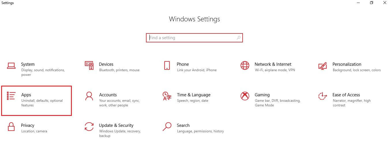 Windows Setting screen