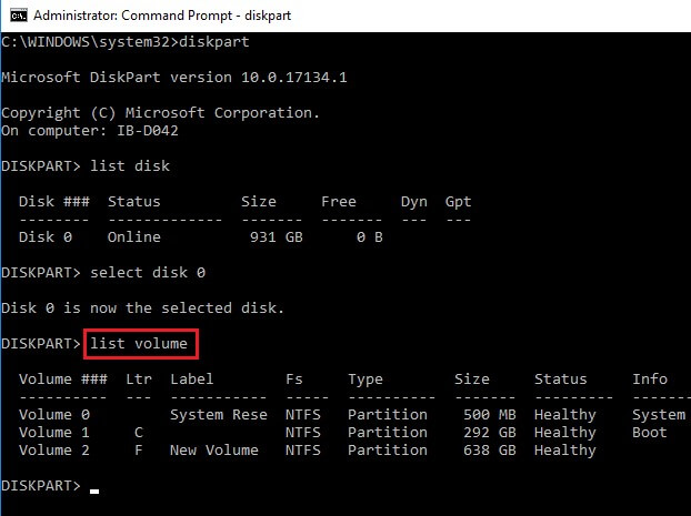 Diskpart list volume
