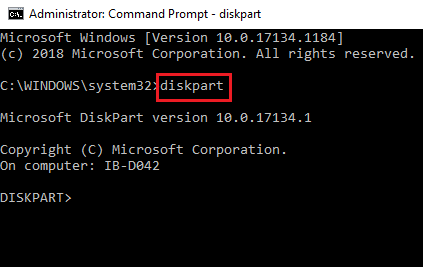 diskpart on Command Prompt 