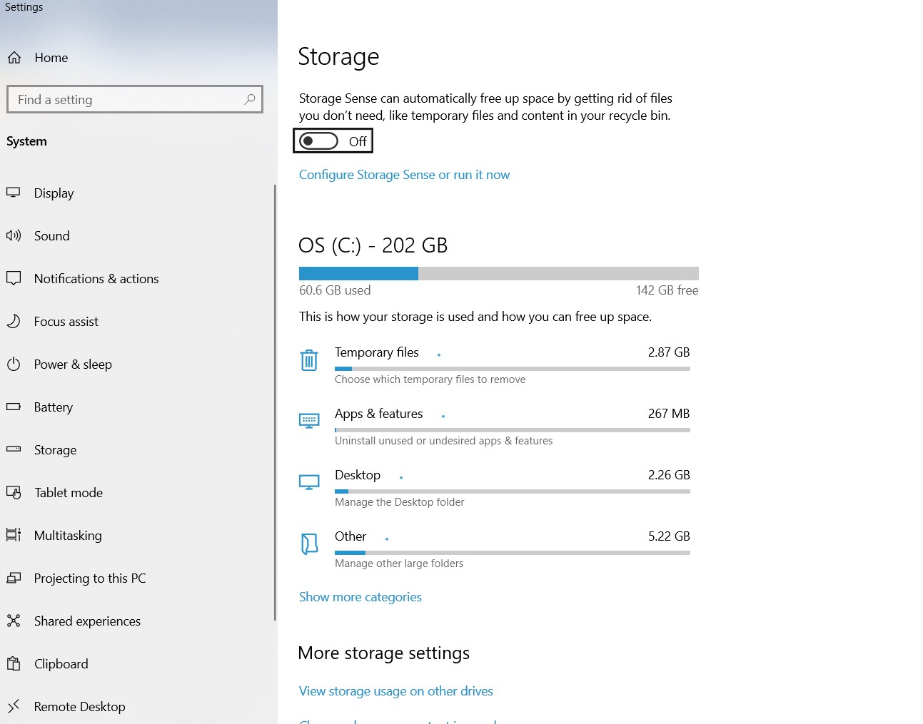 Storage sense in Windows 10