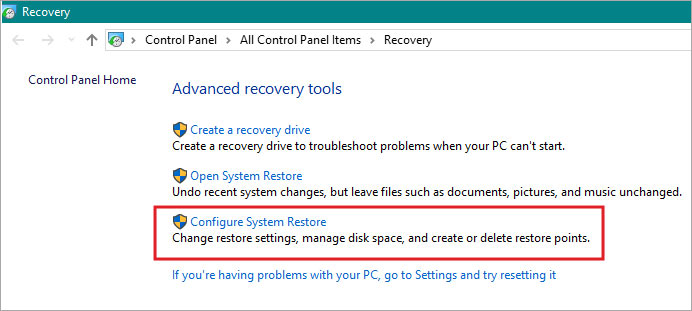 Click and select Open System Restore