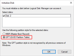 select gpt in initialize disk in internal hard drive not detected
