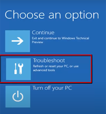 Click Troubleshoot on the Choose an Option