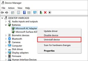 select uninstall device and click ok