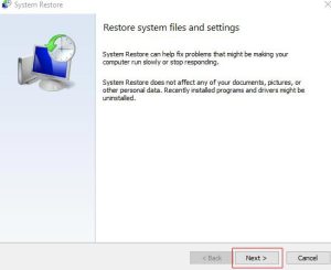 click next button in system restore window