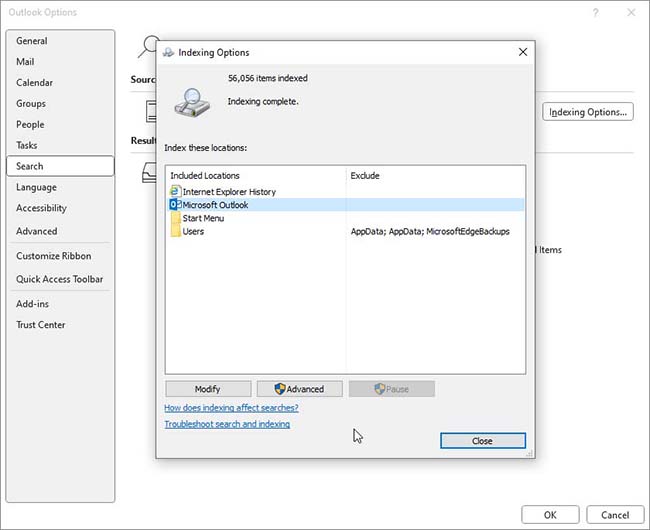 Check Outlook Indexing Options