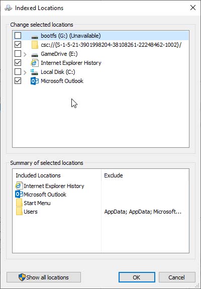 Outlook mailbox locations are selected for indexing