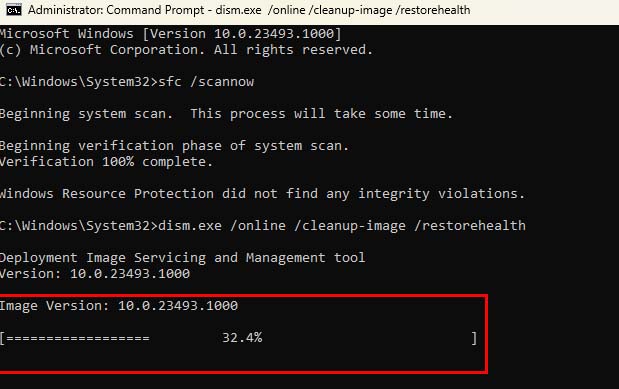Type in “dism.exe -online -cleanup-image -restorehealth