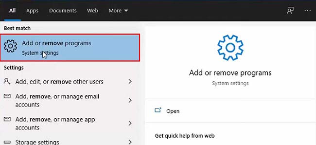 Press the Windows key and type in “Add Or Remove Programs