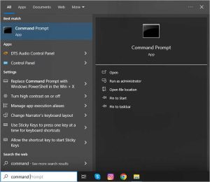 search for command prompt in the start menu