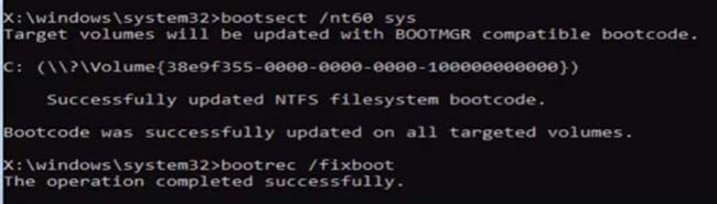 In case you get an “access is denied” error, type in “bootsect -nt60 sys” without the quotes