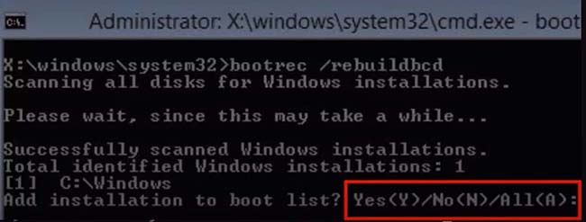 Lastly, type in “bootrec -rebuildbcd” without the quotes and hit enter. In our image, you can see it says