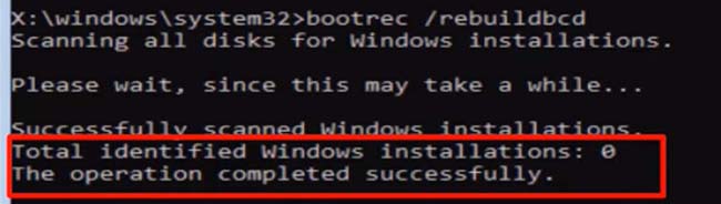 Next, type in “bootrec -scanos” without the quotes and hit enter.