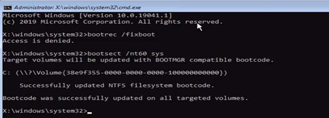 Type in “bootrec -fixboot” without the quotes and hit enter