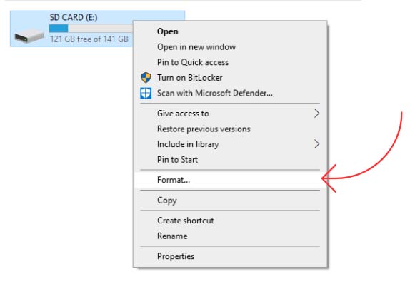 Right-click on your SD card and Select 'Format'