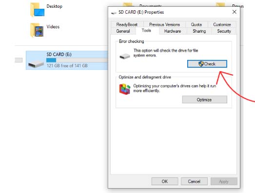 Under the Error-checking section click on the Check button