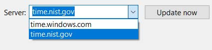 From the drop-down menu, select time.nist.gov and click “Update Now”.