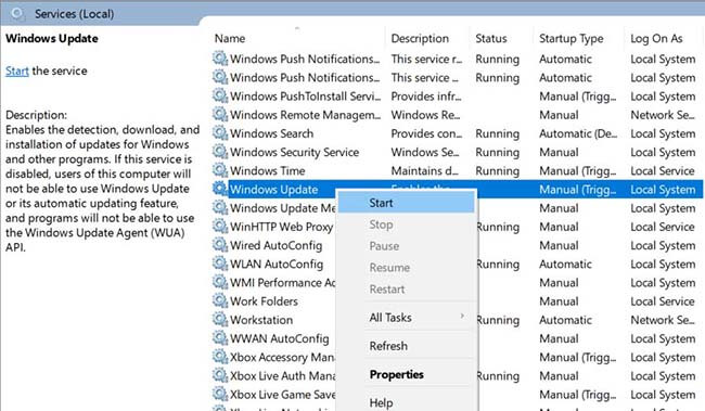Right-click the “Windows Update” list item, and this time click on “Start”, as shown below