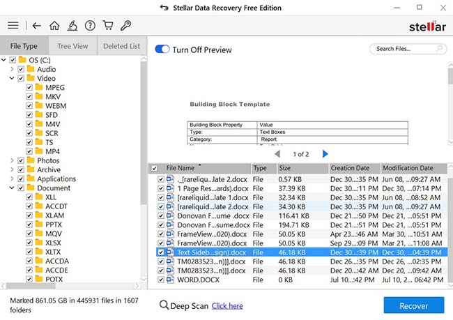 Select the file(s) you want to save, and click “Recover”, as shown below
