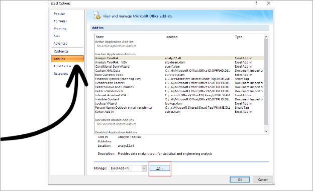 choose "Excel Add-ins" and click "Go."