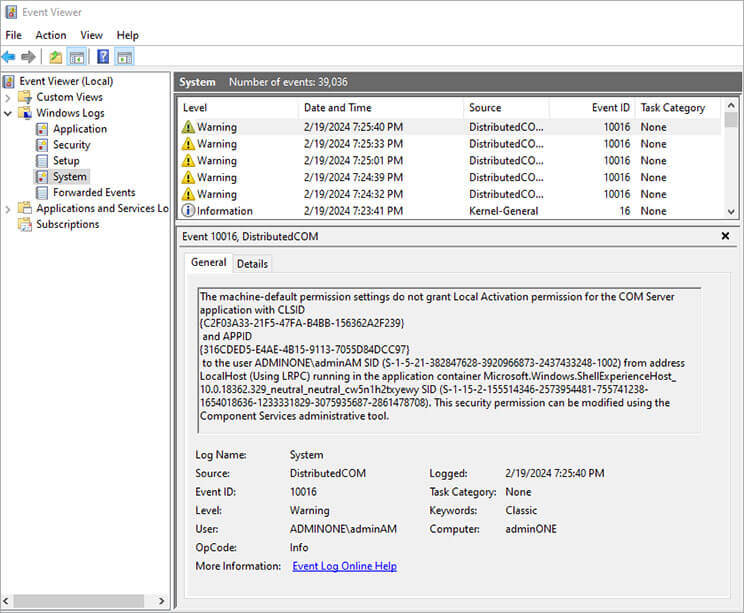 Select-'System'-to-view-system-related-events