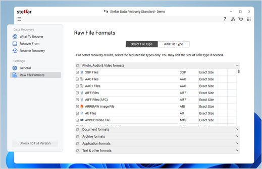 Select the file types Raw File Formats