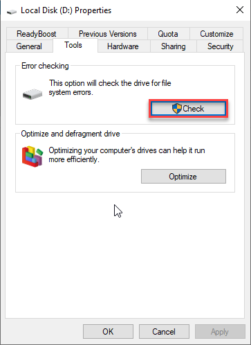 Local Disk Properties Error Checking