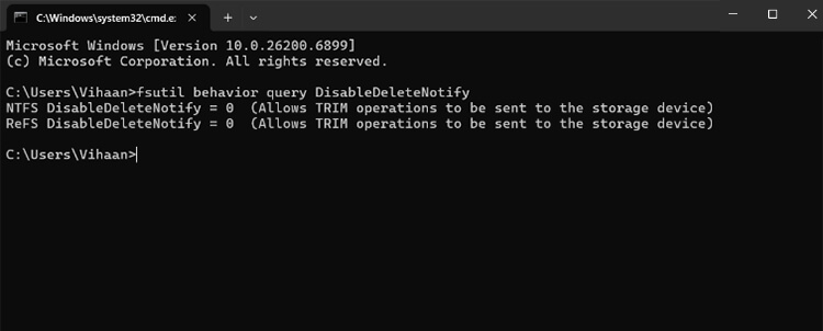Command Prompt for Verify TRIM Support