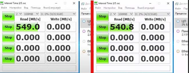 Left: NTFS, Right ReFS. A CrystalDiskMark Comparison Of Read/Write Speeds. 