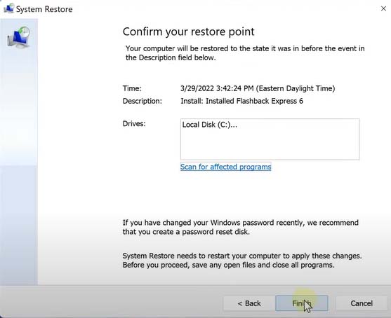click-finish-in-confirm-your-restore-point